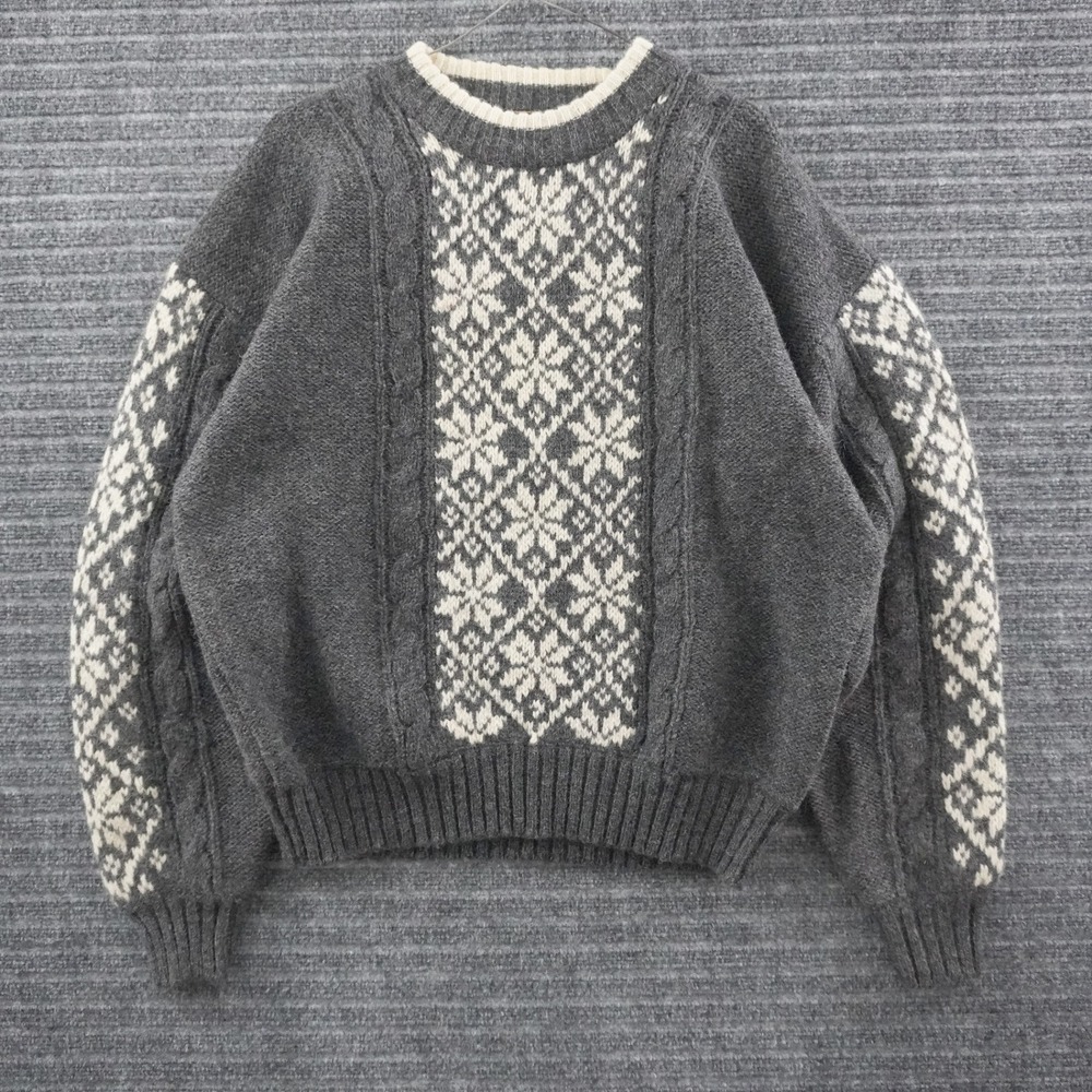 Vintage Eddie Bauer Wool Sweater Mens XL Gray Nordic Snowflake Cable Knit